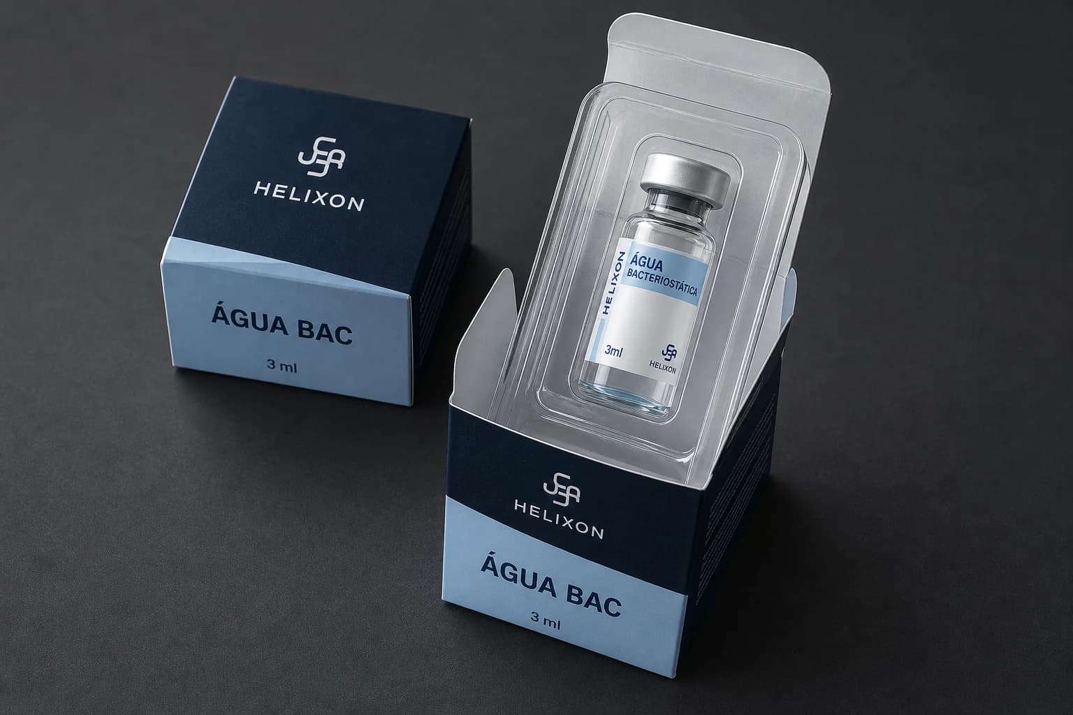 Representação visual da embalagem Água BAC Helixon com um frasco de 3 ml em berço protetor transparente